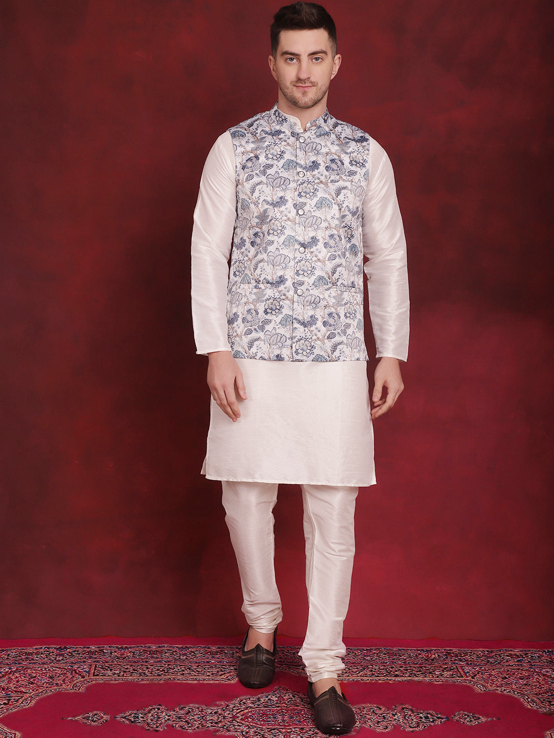 White Floral Printed Nehru Jacket With Kurta Pyjama Set ( JOKPWC 636W 4090White )