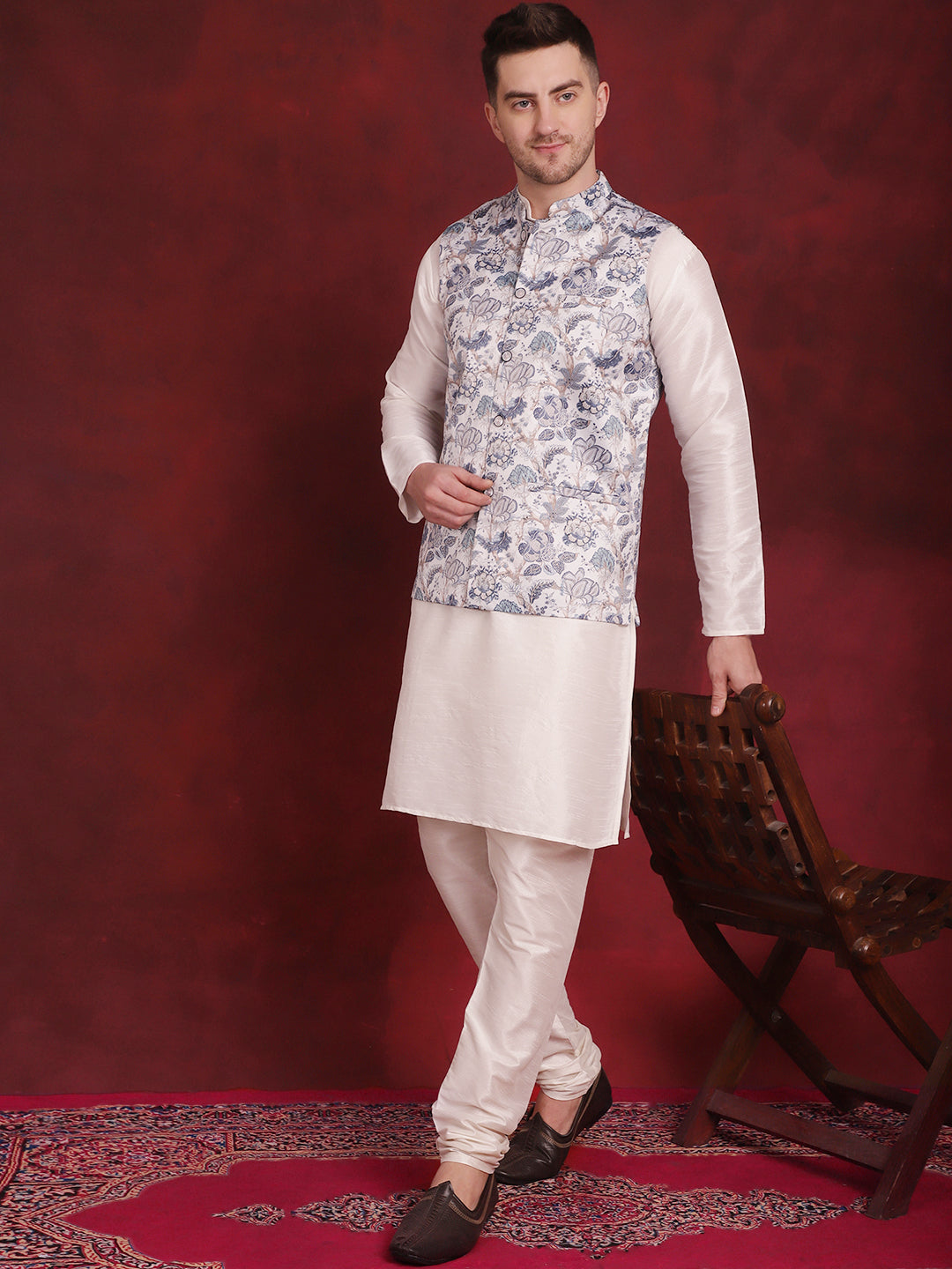 White Floral Printed Nehru Jacket With Kurta Pyjama Set ( JOKPWC 636W 4090White )
