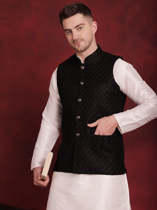 Black Woven Design Nehru Jacket With Kurta Pyjama Set ( JOKPWC 636W 4091Black )