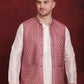 Coral Woven Design Nehru Jacket With Kurta Pyjama Set ( JOKPWC 636W 4091Coral )