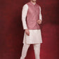 Coral Woven Design Nehru Jacket With Kurta Pyjama Set ( JOKPWC 636W 4091Coral )