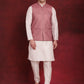 Coral Woven Design Nehru Jacket With Kurta Pyjama Set ( JOKPWC 636W 4091Coral )