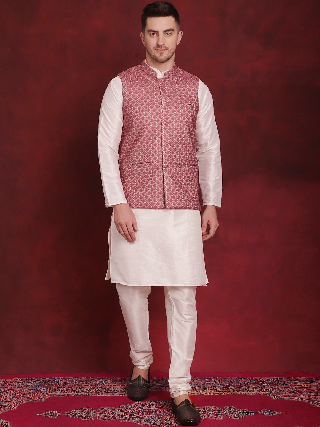 Coral Woven Design Nehru Jacket With Kurta Pyjama Set ( JOKPWC 636W 4091Coral )