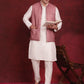 Coral Woven Design Nehru Jacket With Kurta Pyjama Set ( JOKPWC 636W 4091Coral )