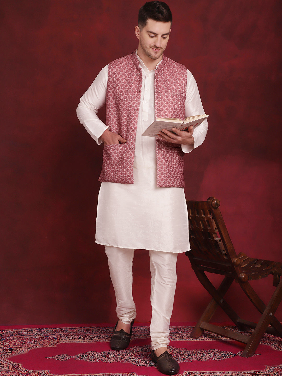 Coral Woven Design Nehru Jacket With Kurta Pyjama Set ( JOKPWC 636W 4091Coral )