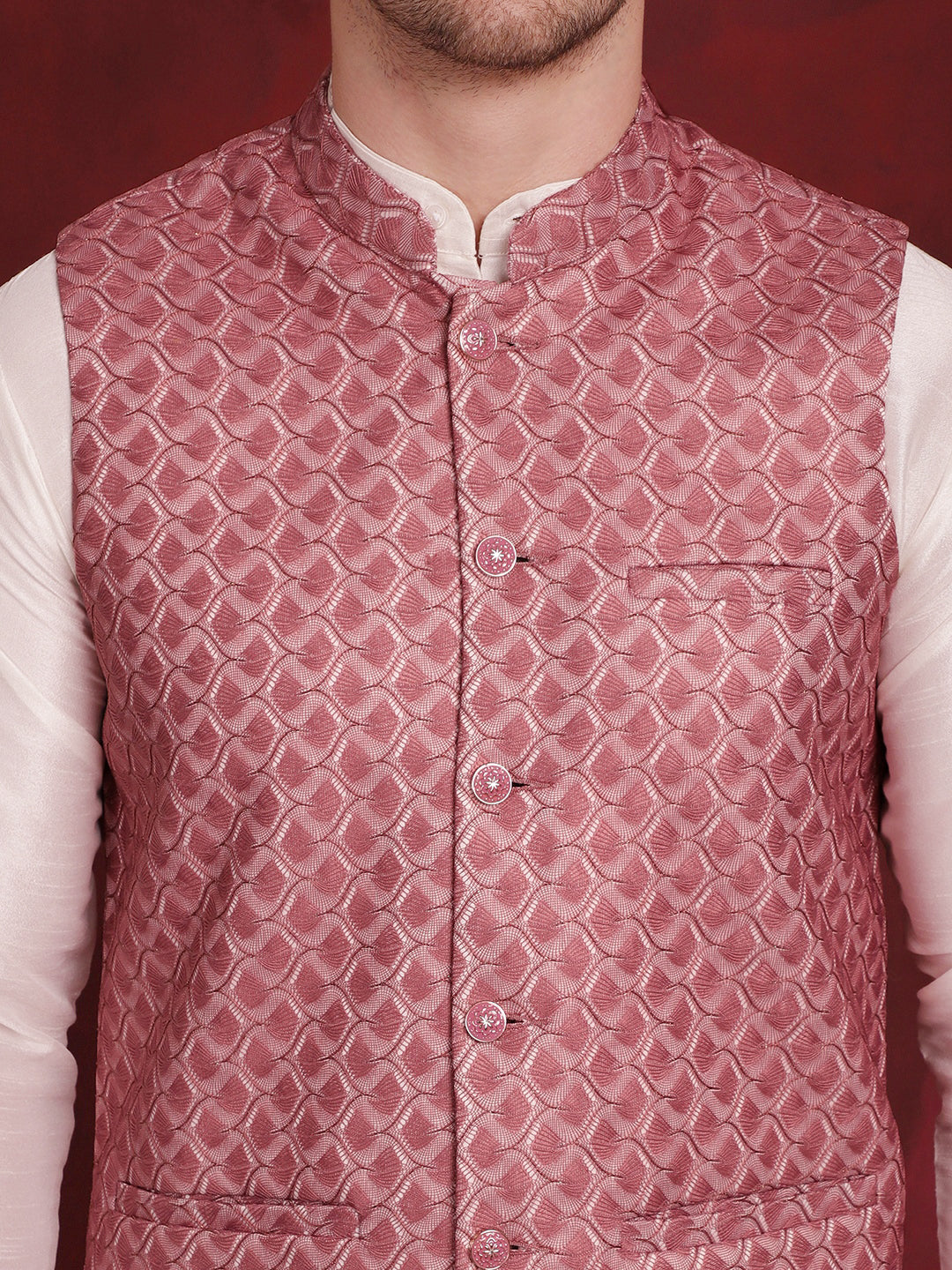 Coral Woven Design Nehru Jacket With Kurta Pyjama Set ( JOKPWC 636W 4091Coral )