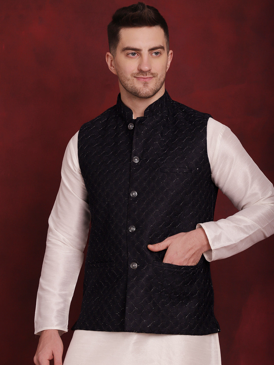 Navy Blue Woven Design Nehru Jacket With Kurta Pyjama Set ( JOKPWC 636W 4091Navy )