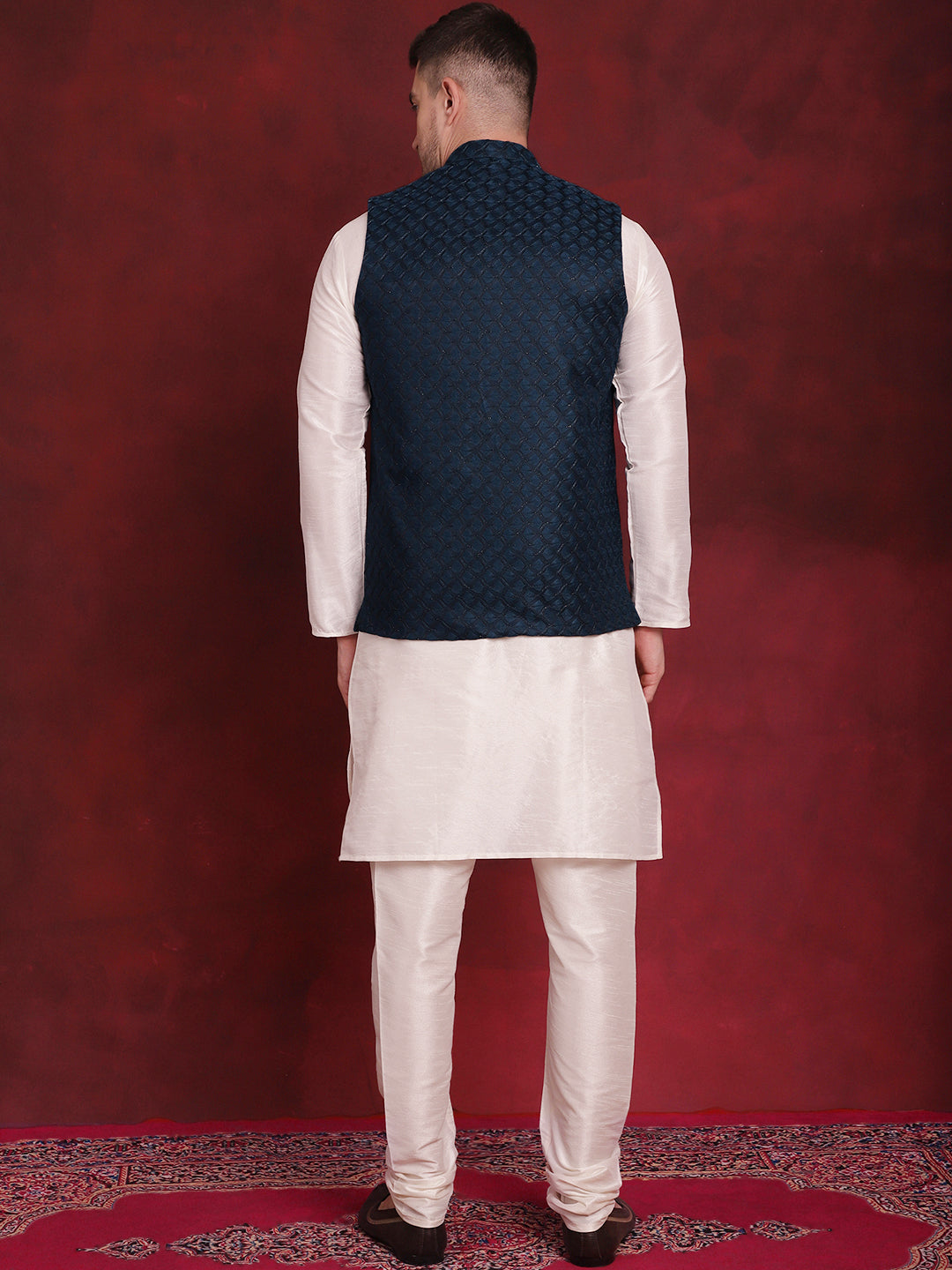 Blue Woven Design Nehru Jacket With Kurta Pyjama Set ( JOKPWC 636W 4091Peacock )