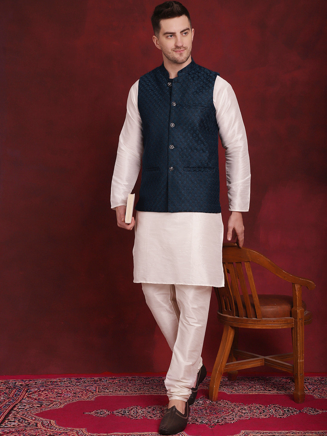 Blue Woven Design Nehru Jacket With Kurta Pyjama Set ( JOKPWC 636W 4091Peacock )