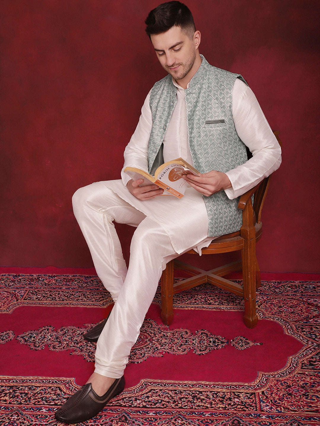Green Woven Design Nehru Jacket With Kurta Pyjama Set ( JOKPWC 636W 4091Pista )