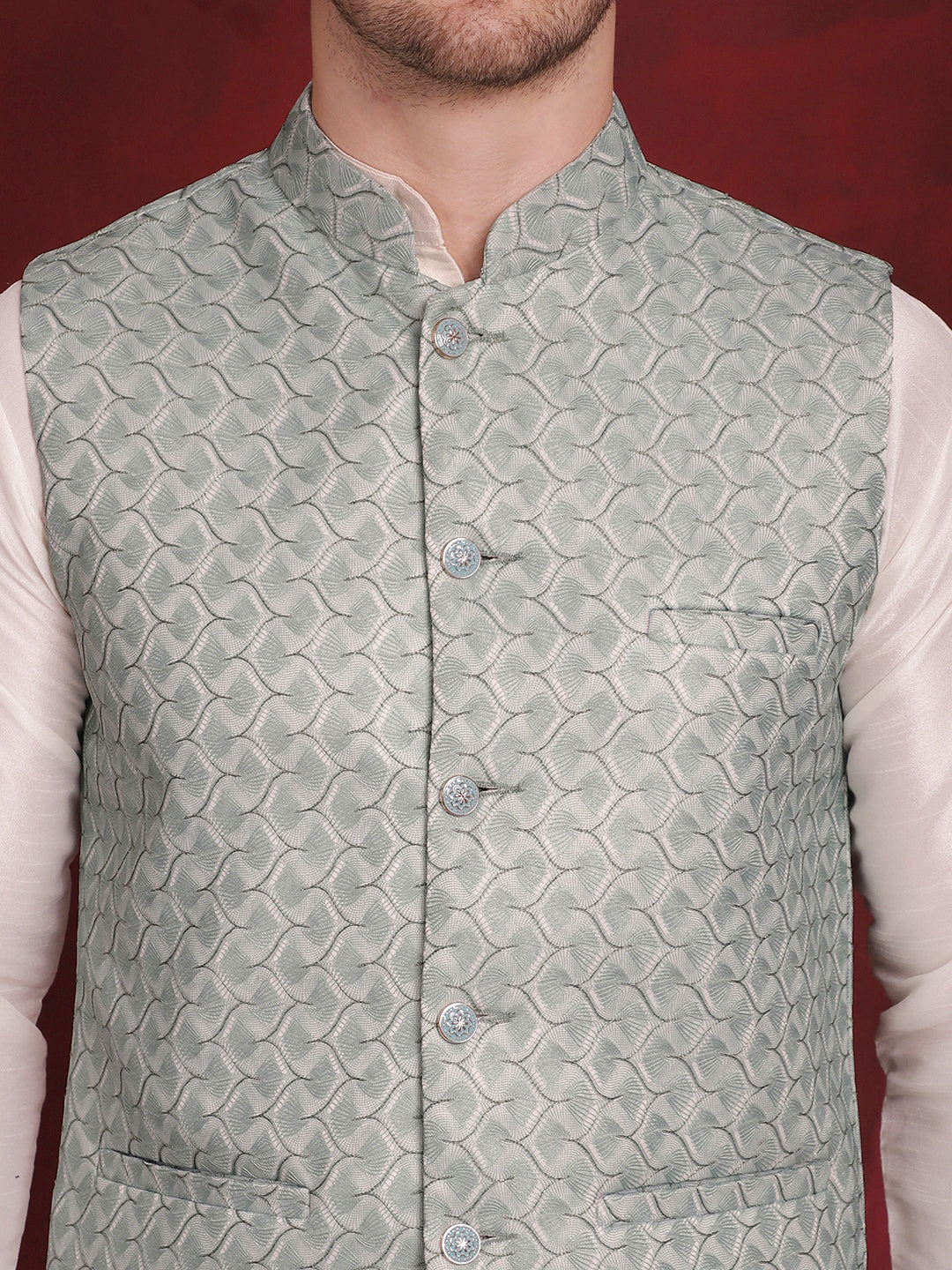 Green Woven Design Nehru Jacket With Kurta Pyjama Set ( JOKPWC 636W 4091Pista )