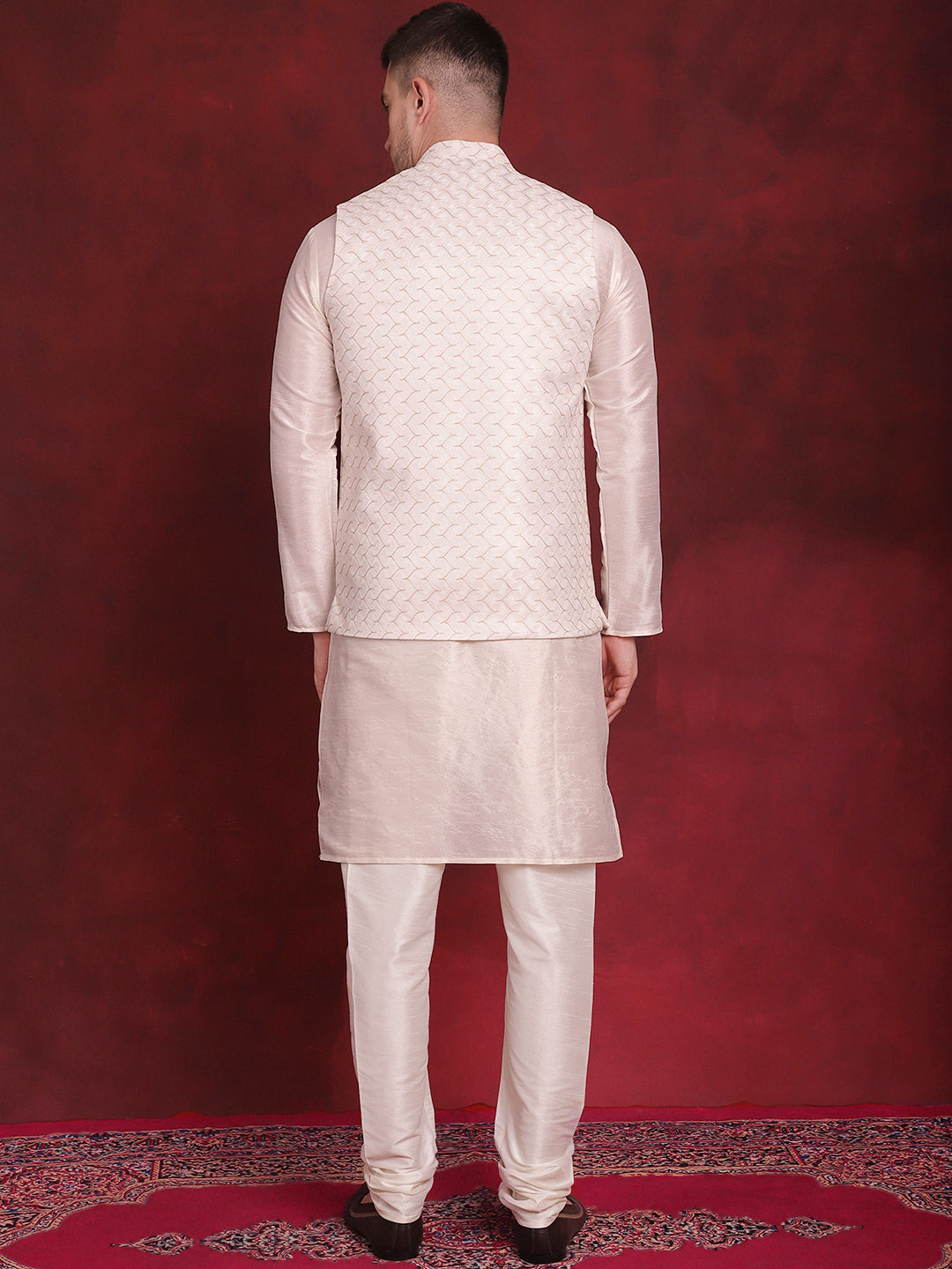 White Woven Design Nehru Jacket With Kurta Pyjama Set ( JOKPWC 636W 4091White )