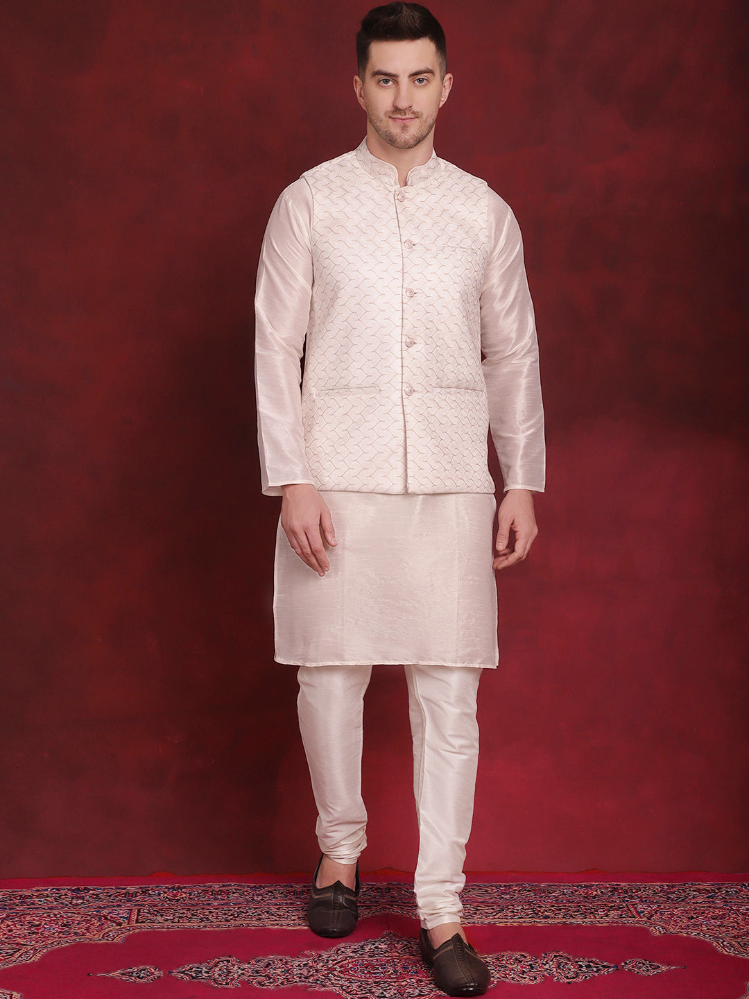 White Woven Design Nehru Jacket With Kurta Pyjama Set ( JOKPWC 636W 4091White )