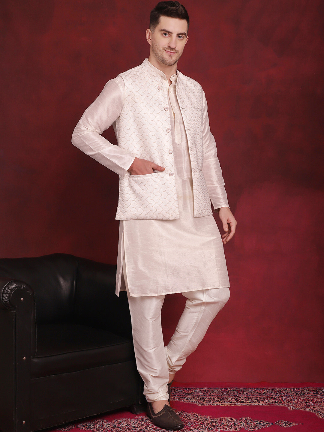 White Woven Design Nehru Jacket With Kurta Pyjama Set ( JOKPWC 636W 4091White )