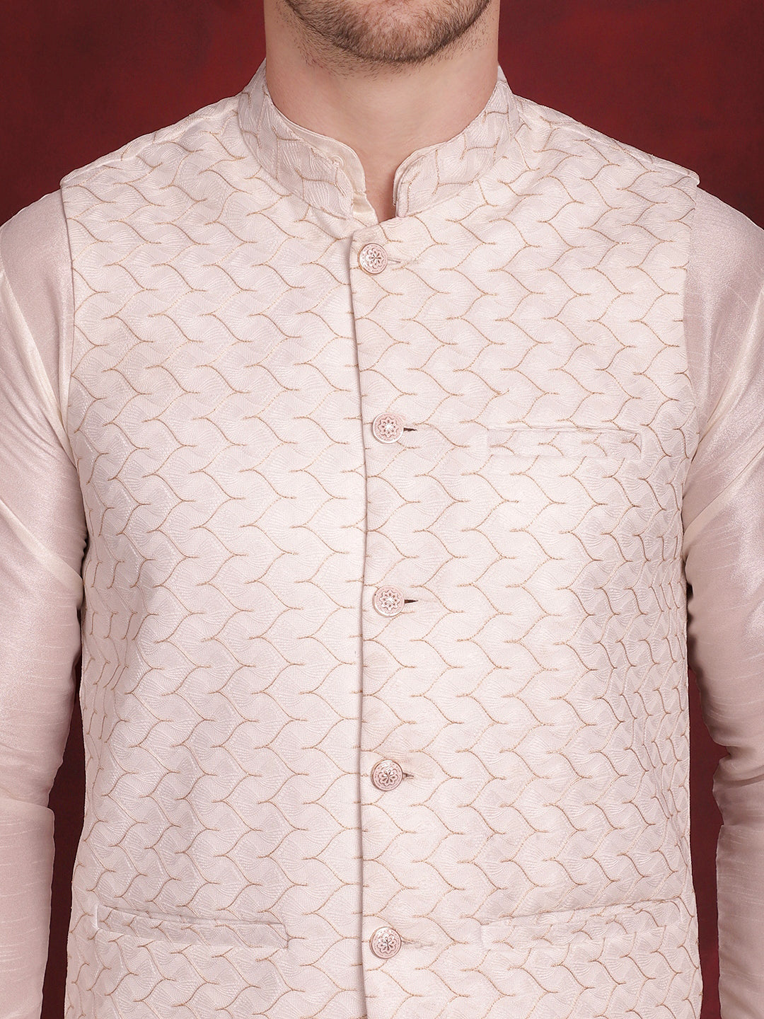 White Woven Design Nehru Jacket With Kurta Pyjama Set ( JOKPWC 636W 4091White )