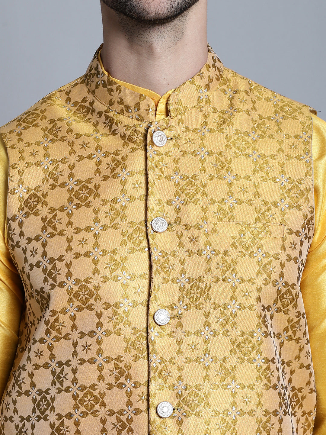 Men's Woven Design Nehru Jacket With Kurta Pyjama Set ( JOKPWC 636Y 4083 Mustard )