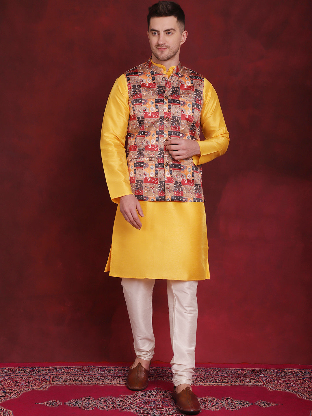 Multi Printed Nehru Jacket With Kurta Pyjama Set ( JOKPWC 636Y 4090Multi )