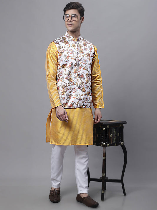 Men's Mustard Embroidered Kurta Pyjama With Wihte Printed Nehru Jacket ( JOKPWC 666MU 4007 White )