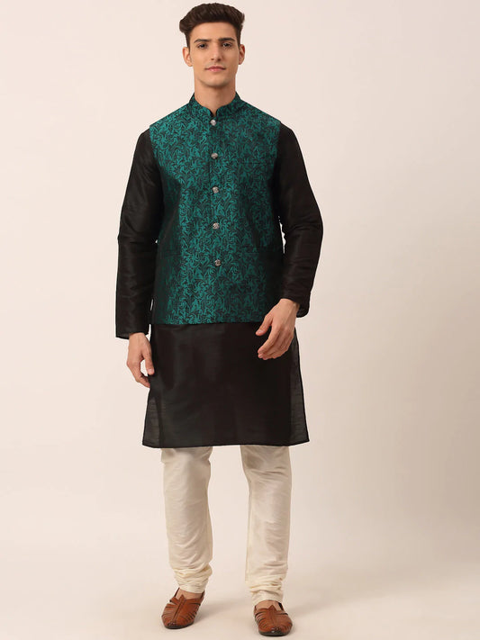 Men's Solid Kurta Pyjama With Green Woven Design Nehru Jacket( JOKPWC B-D 4004Green )
