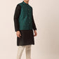 Men's Solid Kurta Pyjama With Green Woven Design Nehru Jacket( JOKPWC B-D 4004Green )