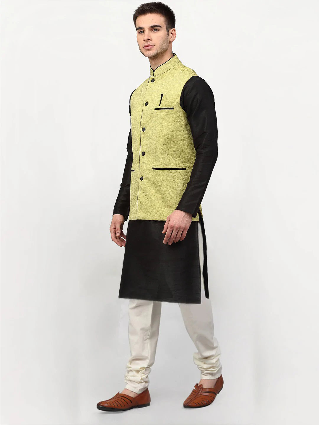 Jompers Men's Black Dupion Silk Kurta with Churidar & Nehru Jacket ( JOKPWC B-D 4024Green )