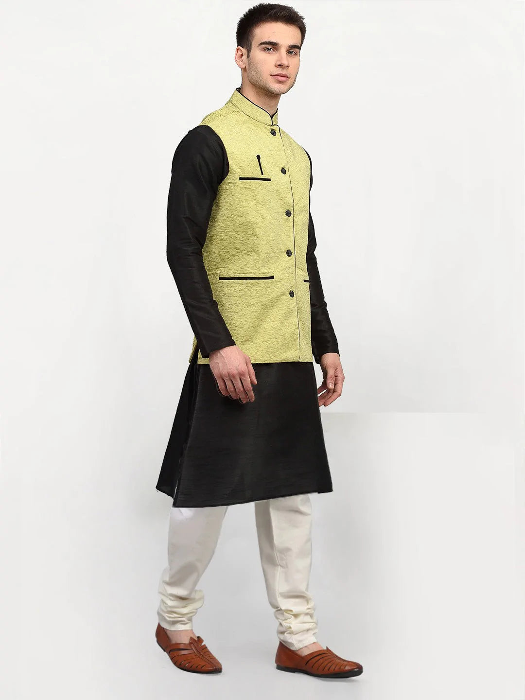 Jompers Men's Black Dupion Silk Kurta with Churidar & Nehru Jacket ( JOKPWC B-D 4024Green )