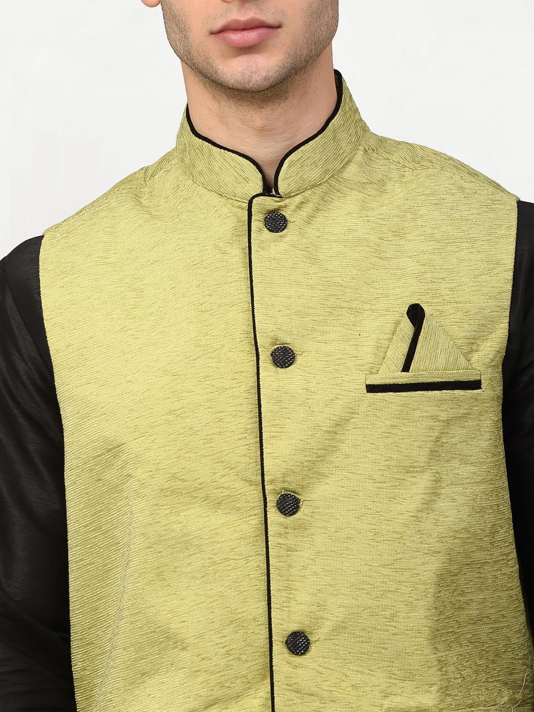 Jompers Men's Black Dupion Silk Kurta with Churidar & Nehru Jacket ( JOKPWC B-D 4024Green )