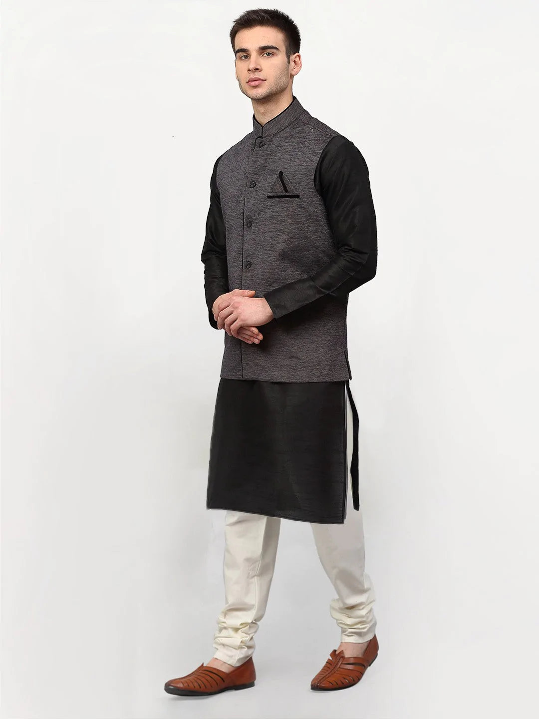 Jompers Men's Black Dupion Silk Kurta with Churidar & Nehru Jacket ( JOKPWC B-D 4024Grey )