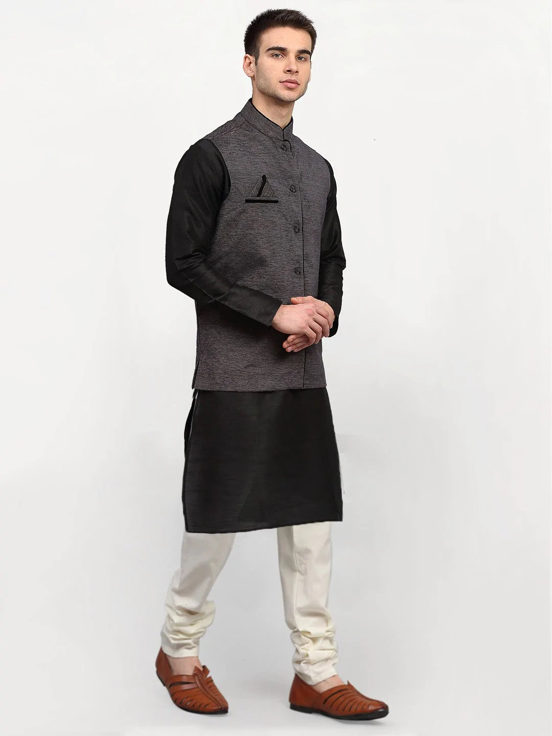 Jompers Men's Black Dupion Silk Kurta with Churidar & Nehru Jacket ( JOKPWC B-D 4024Grey )