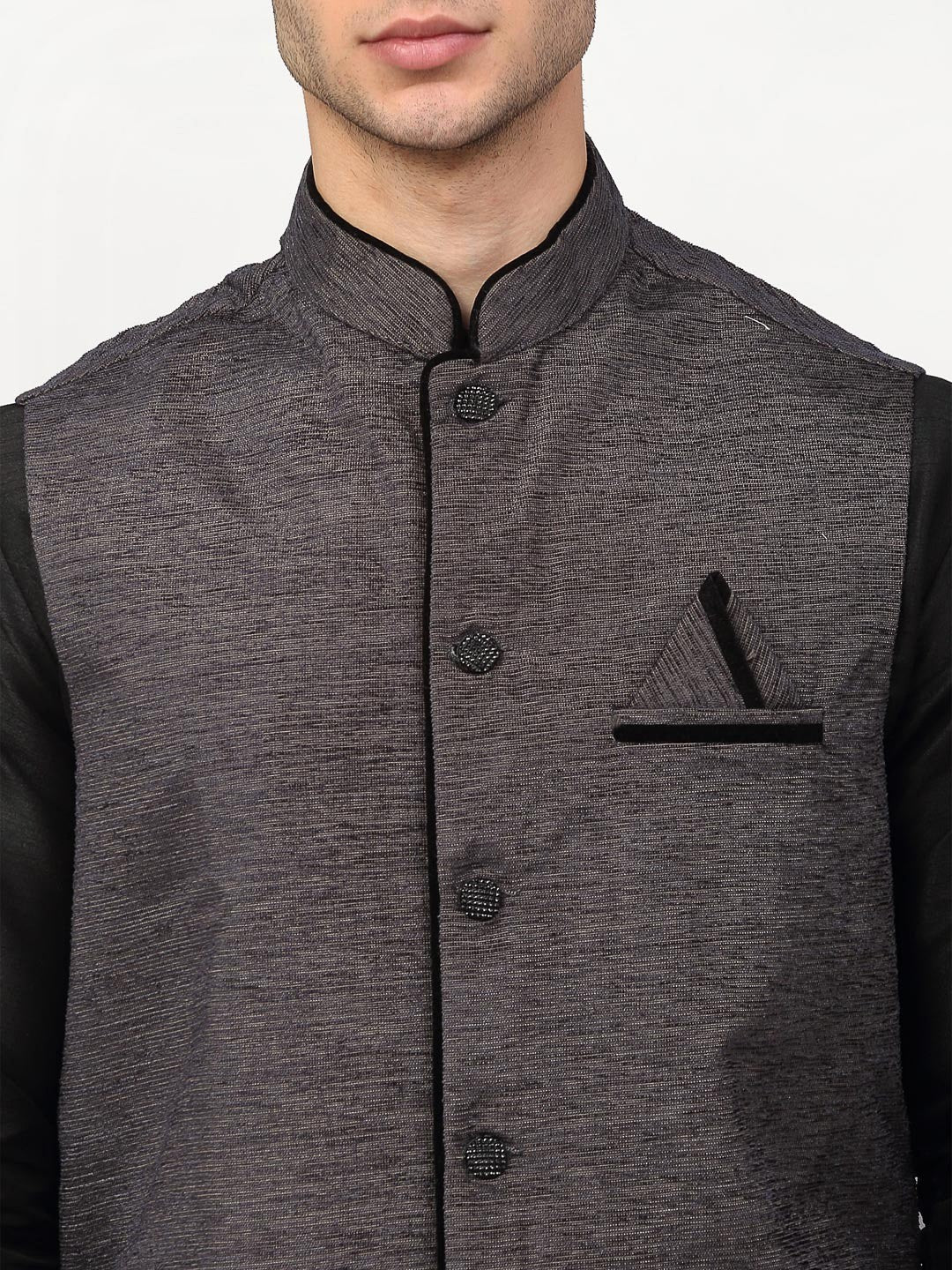Jompers Men's Black Dupion Silk Kurta with Churidar & Nehru Jacket ( JOKPWC B-D 4024Grey )