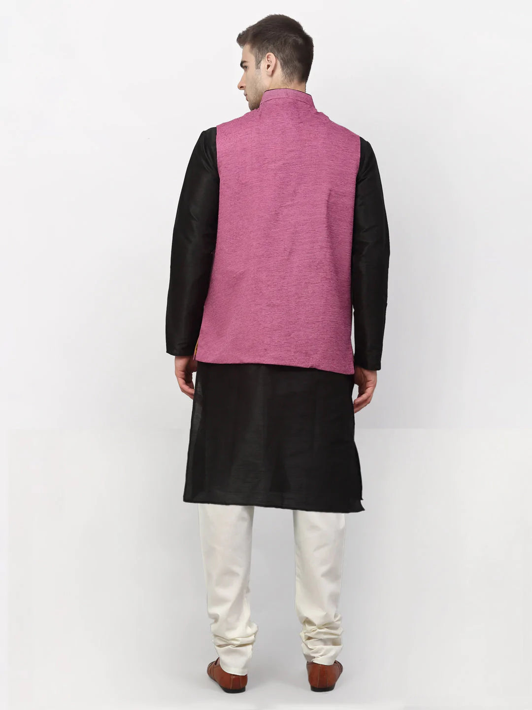 Jompers Men's Black Dupion Silk Kurta with Churidar & Nehru Jacket ( JOKPWC B-D 4024Purple )