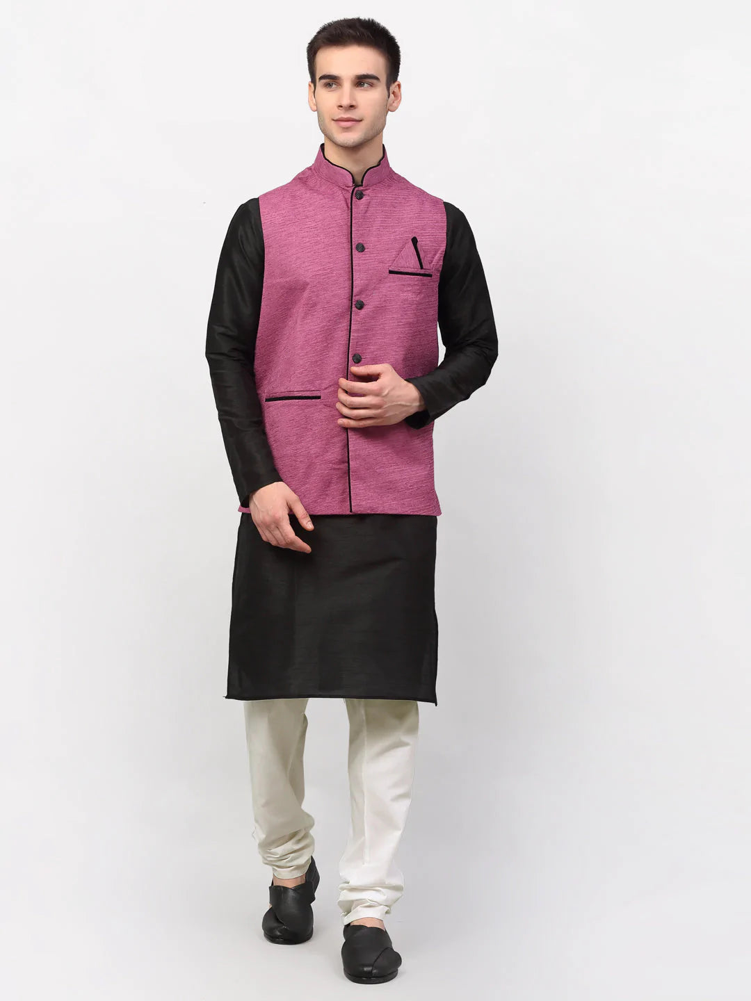 Jompers Men's Black Dupion Silk Kurta with Churidar & Nehru Jacket ( JOKPWC B-D 4024Purple )