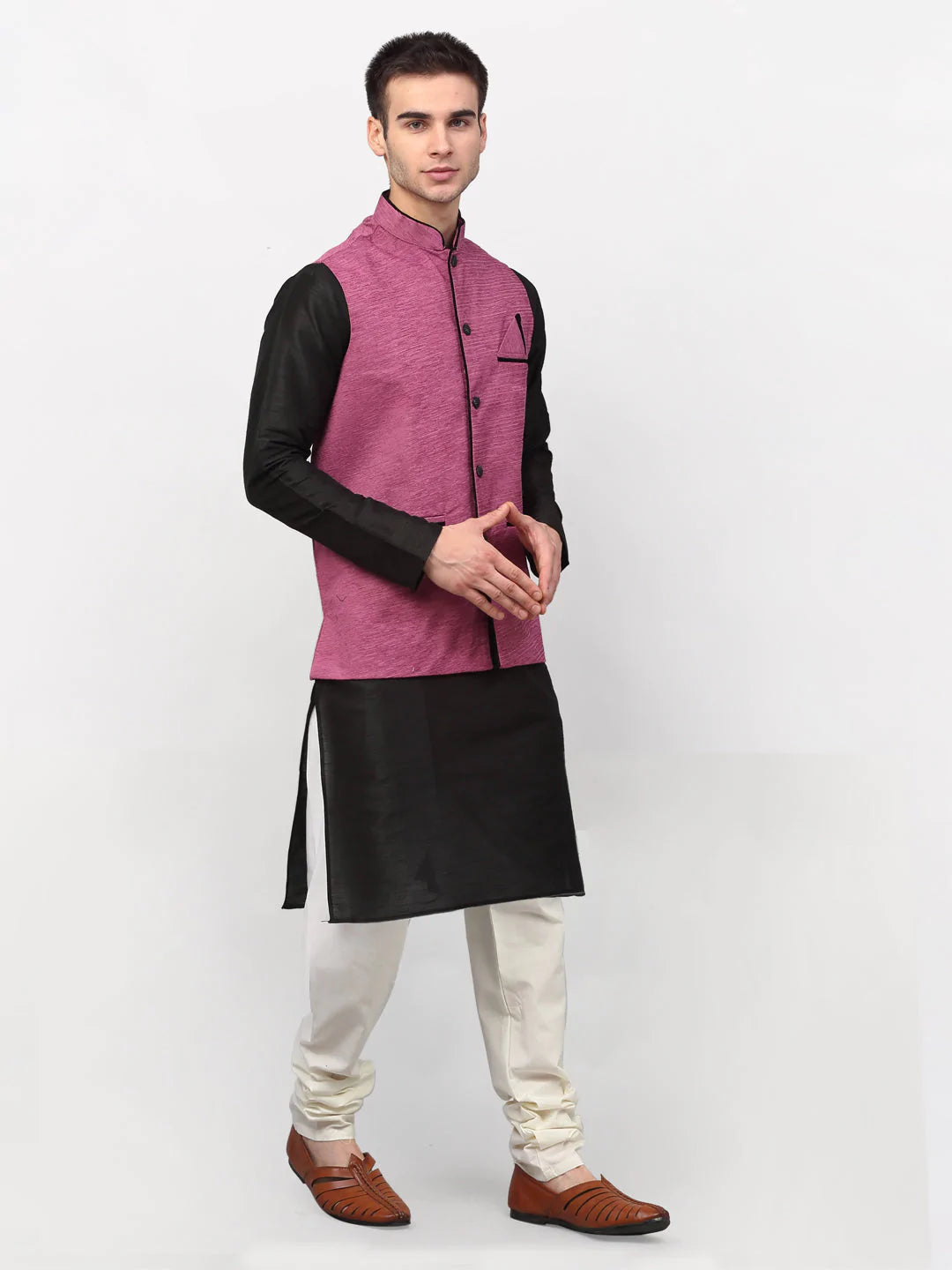 Jompers Men's Black Dupion Silk Kurta with Churidar & Nehru Jacket ( JOKPWC B-D 4024Purple )