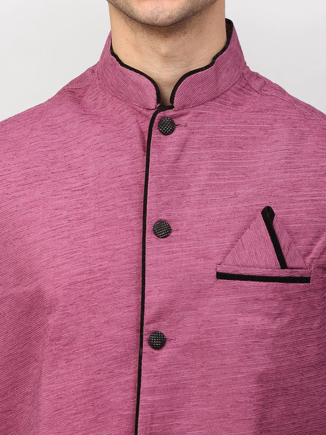 Jompers Men's Black Dupion Silk Kurta with Churidar & Nehru Jacket ( JOKPWC B-D 4024Purple )