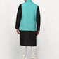 Jompers Men's Black Dupion Silk Kurta with Churidar & Nehru Jacket ( JOKPWC B-D 4024Sky )