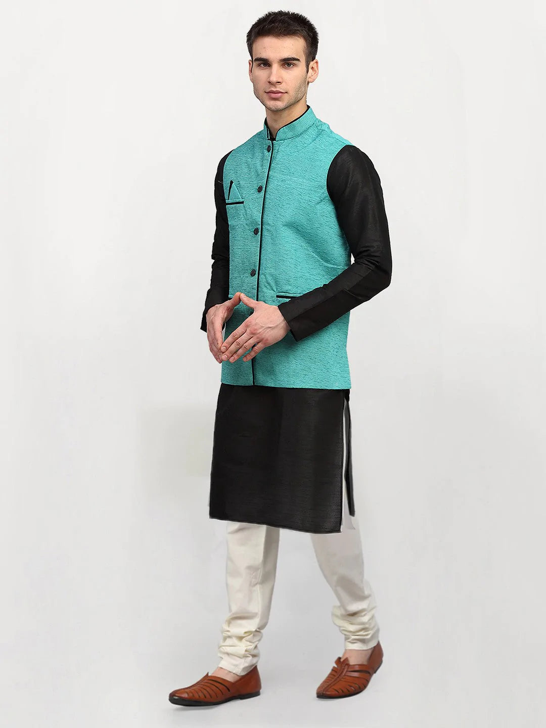 Jompers Men's Black Dupion Silk Kurta with Churidar & Nehru Jacket ( JOKPWC B-D 4024Sky )