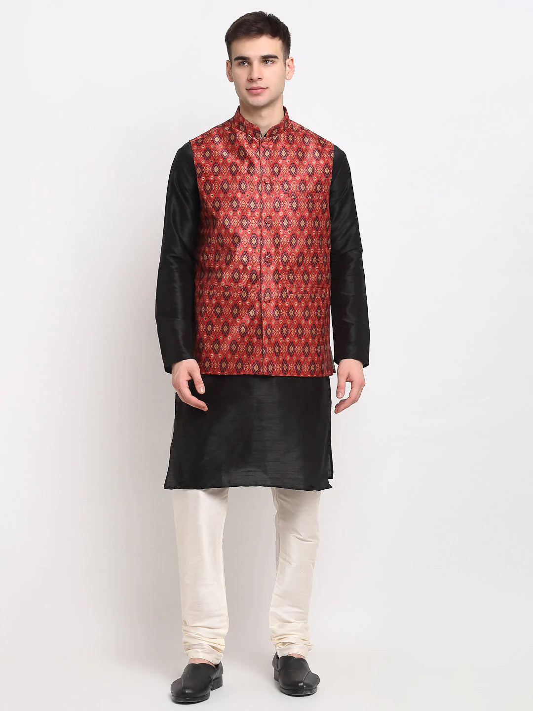 Jompers Men's Black Dupion Silk Kurta with Churidar & Nehru Jacket ( JOKPWC B-D 4025Red )