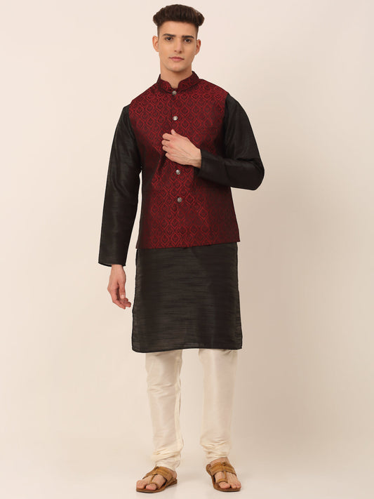 Men's Woven Design Nehru Jacket and Kurta Pyjama Set ( JOKPWC B-D 4027Maroon )