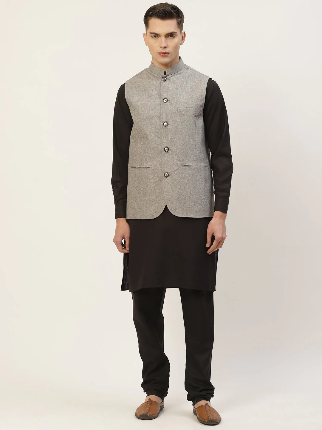 Men's Kurta Pyjama With Grey Solid Nehru Jacket( JOKPWC B-F 4033Grey )