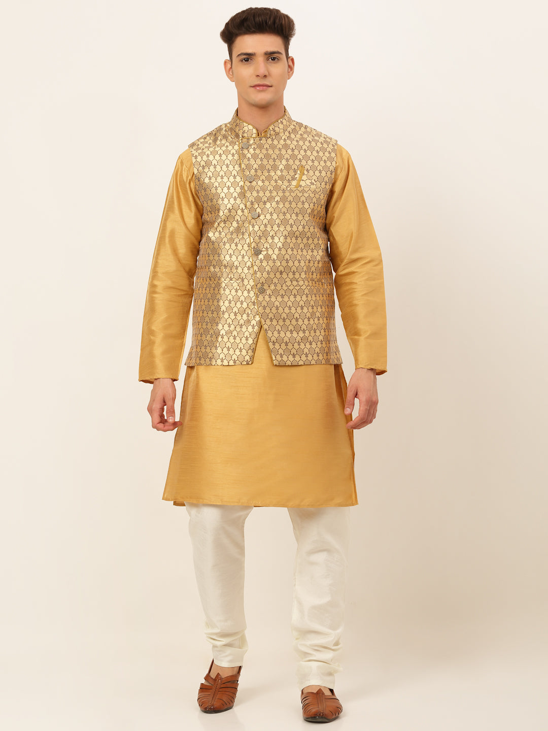 Men's Solid Kurta Pyjama With Nehru Jacket ( JOKPWC DG-D 4048Golden )