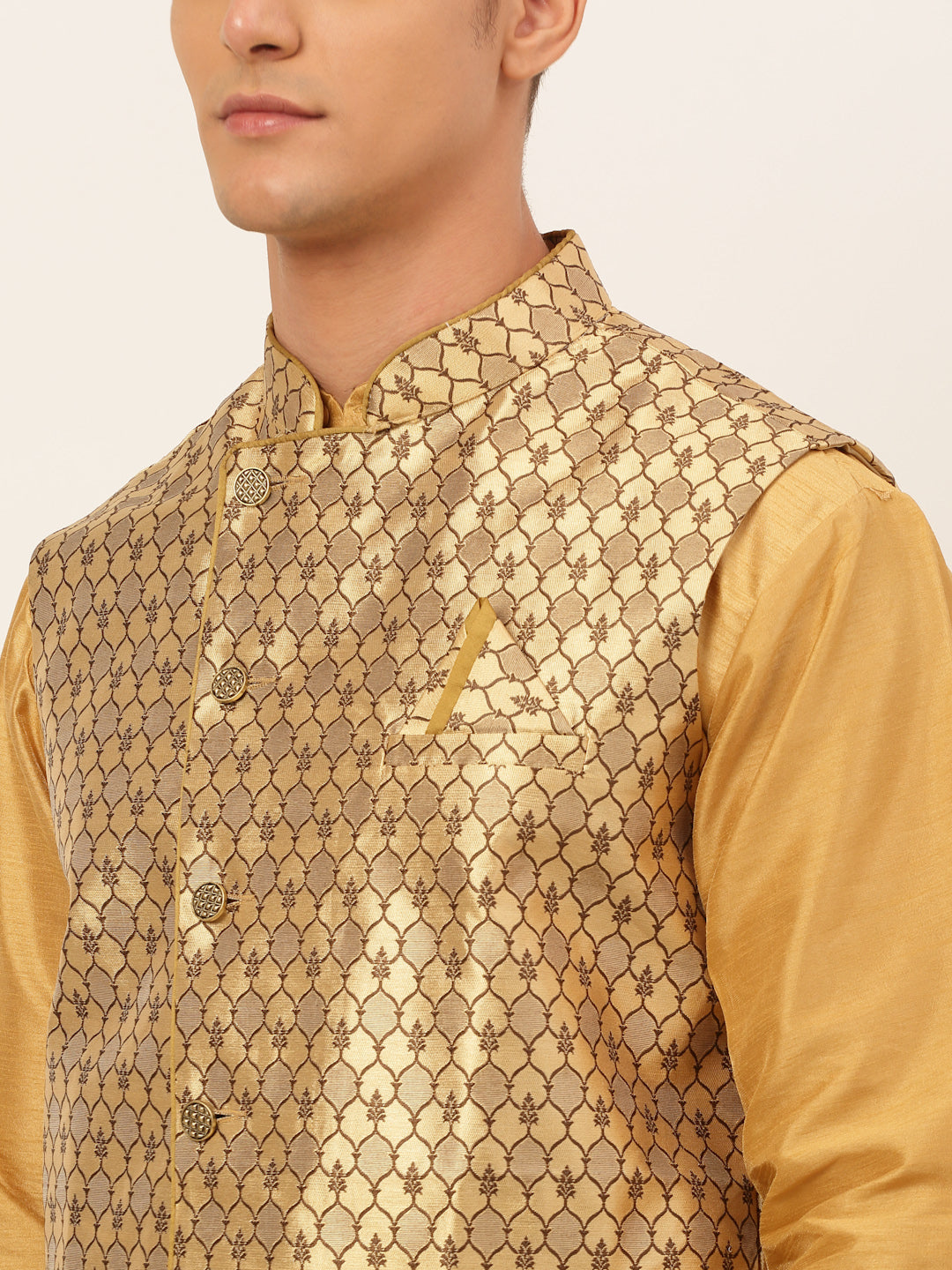 Men's Solid Kurta Pyjama With Nehru Jacket ( JOKPWC DG-D 4048Golden )
