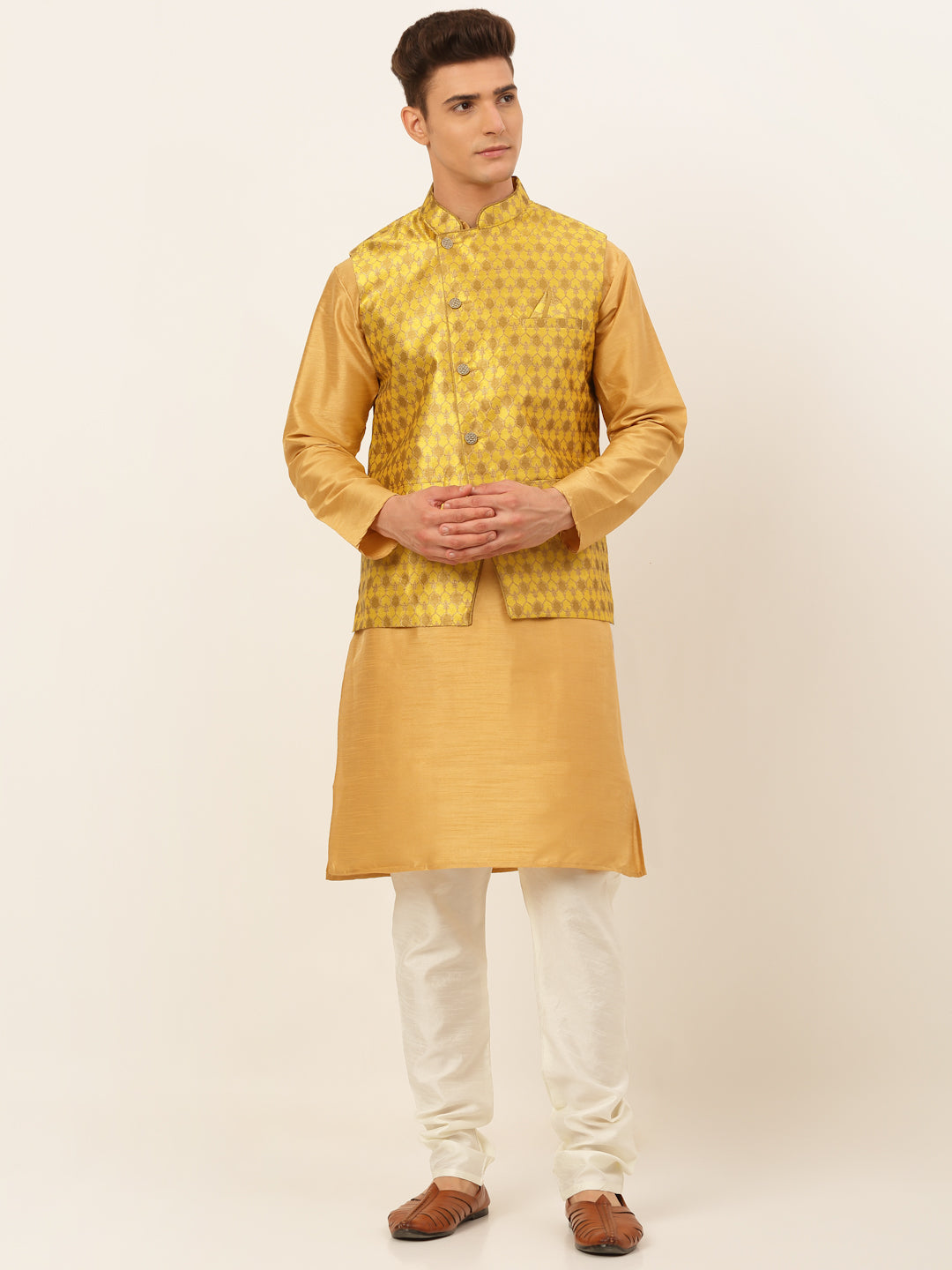 Men's Solid Kurta Pyjama With Nehru Jacket ( JOKPWC DG-D 4048Mustard )