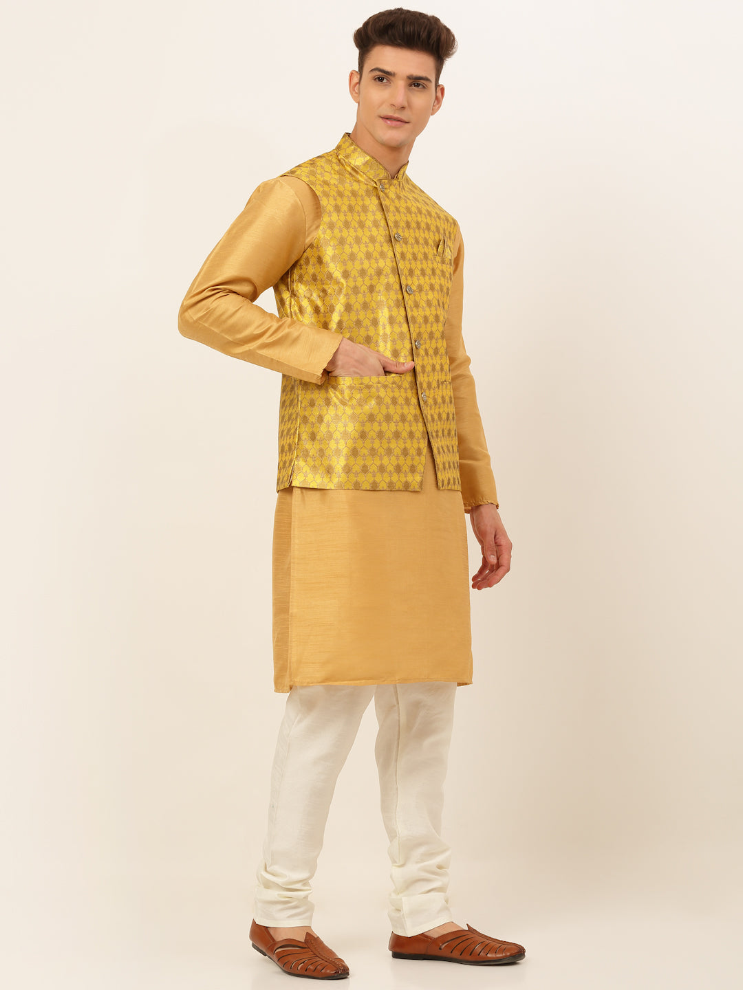 Men's Solid Kurta Pyjama With Nehru Jacket ( JOKPWC DG-D 4048Mustard )