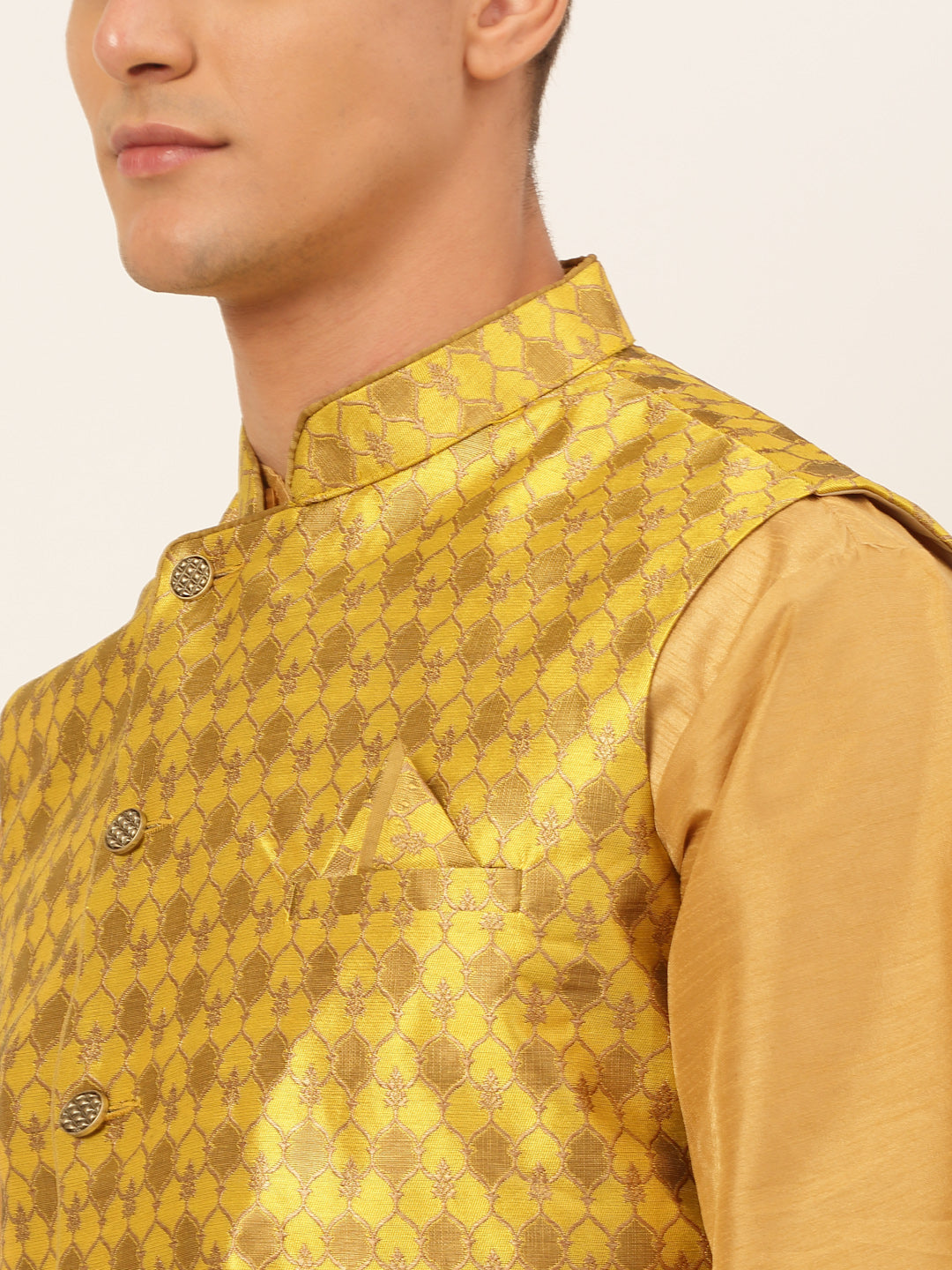 Men's Solid Kurta Pyjama With Nehru Jacket ( JOKPWC DG-D 4048Mustard )
