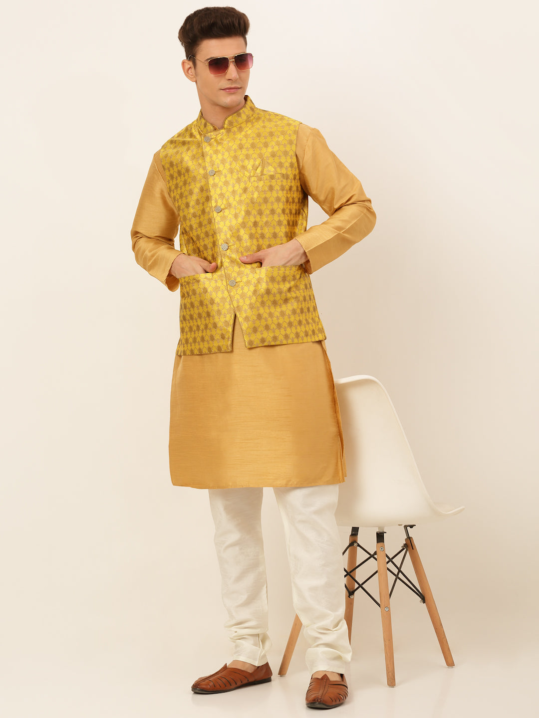 Men's Solid Kurta Pyjama With Nehru Jacket ( JOKPWC DG-D 4048Mustard )