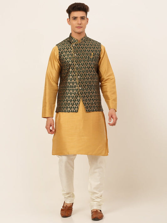 Men's Solid Kurta Pyjama With Nehru Jacket ( JOKPWC DG-D 4048Olive )