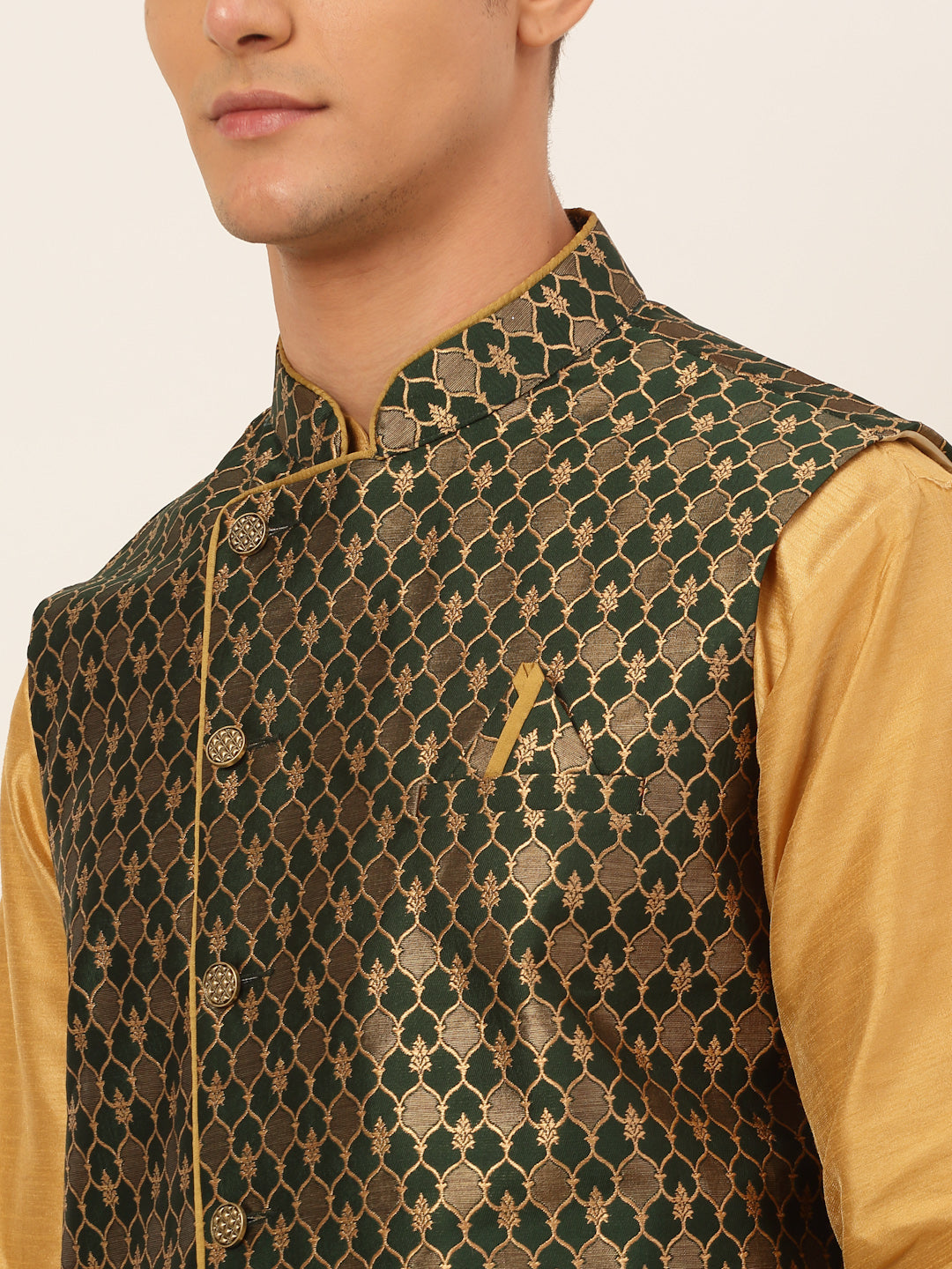 Men's Solid Kurta Pyjama With Nehru Jacket ( JOKPWC DG-D 4048Olive )