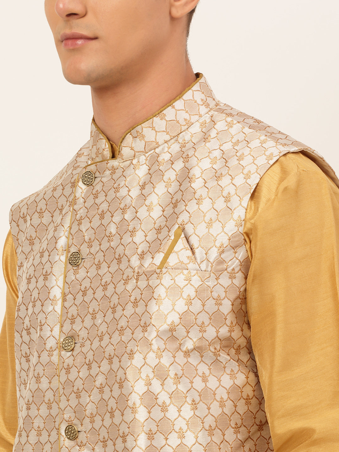 Men's Solid Kurta Pyjama With Nehru Jacket ( JOKPWC DG-D 4048Silver )