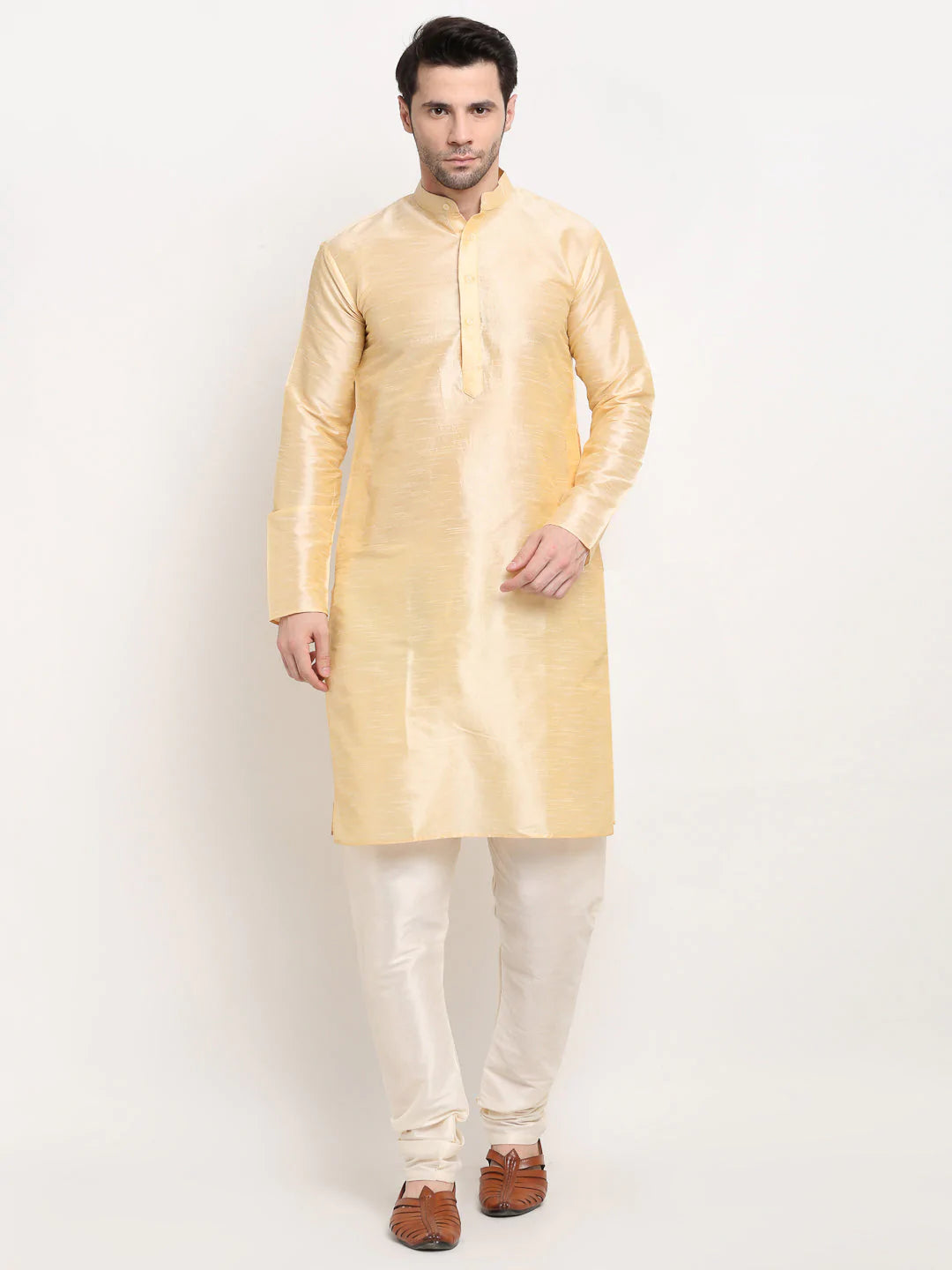 Jompers Men's Golden Dupion Silk Kurta with Churidar & Nehru Jacket ( JOKPWC G-D 4026Black )