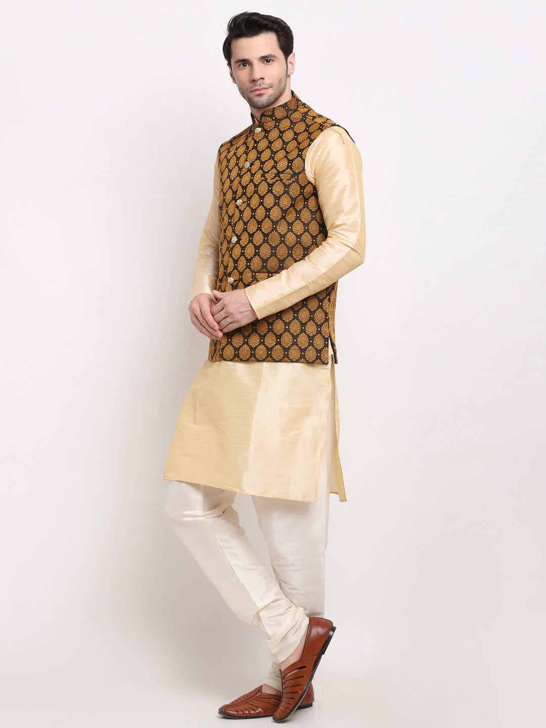 Jompers Men's Golden Dupion Silk Kurta with Churidar & Nehru Jacket ( JOKPWC G-D 4026Black )